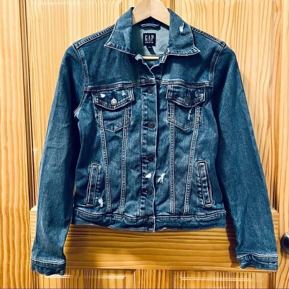 Gap Denim blue jean long sleeve crop distressed button up pockets jacket coat XS - Picture 1 of 6